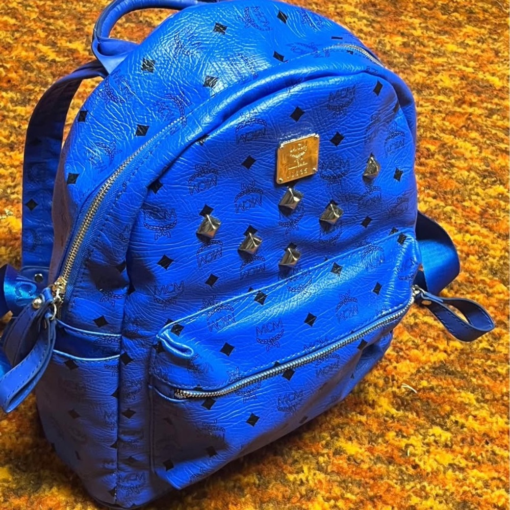 Authentic MCM Vibrant Blue Backpack with Stud Accents Rucksack Blue Leather